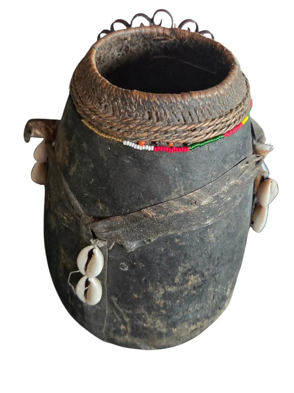 African Tribal Handmade Wood Water Milk Vessel Beaded With Cowrie Shell